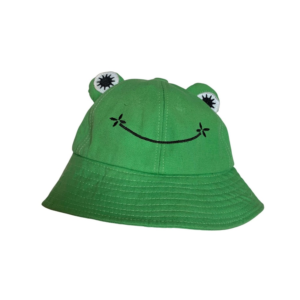 Green Frog Bucket Hat Embroidered Smile‎ 3D Eyes Cotton Sun Hat Festival Costume
